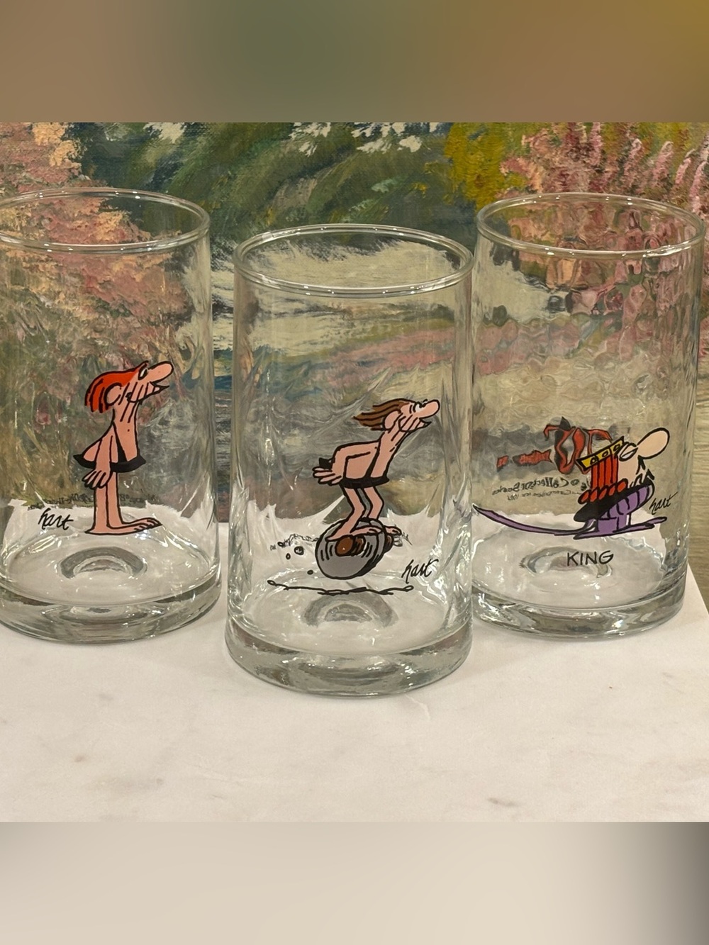 Vintage Johnny Hart Ice Age B.C. Comic Retro Glass Tumblers 1981 Flawless
